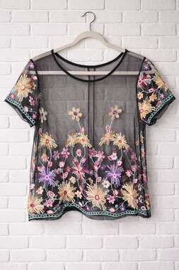 Grey Lab Floral Embroidered Sheer Mesh Short Sleeve Top